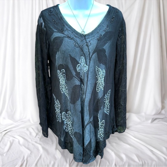 GREATER GOOD Handmade Midnight Butterfly Long Sleeve Tunic in Black - Picture 1 of 16